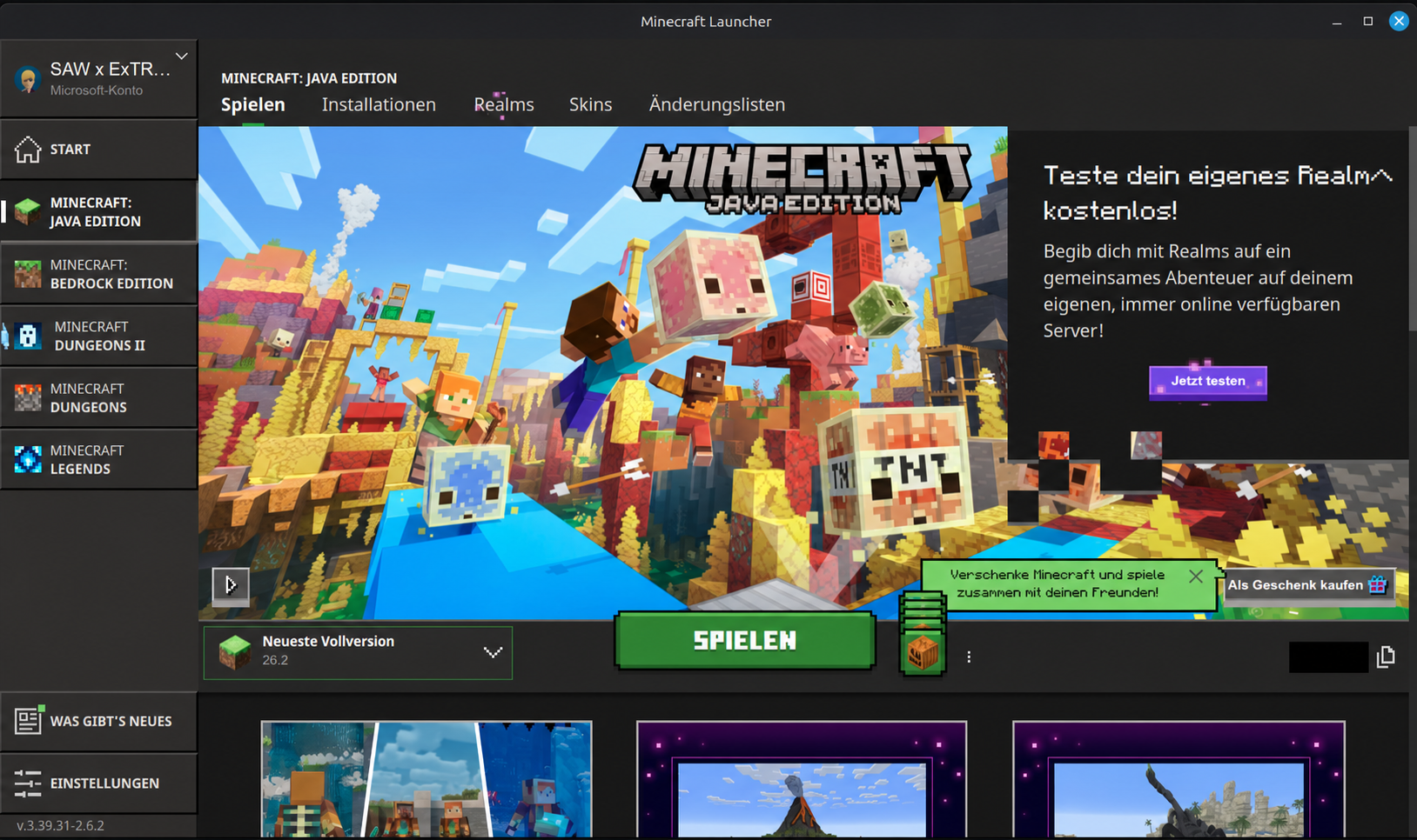 Minecraft Launcher: Links kann man zwischen Java Edition und Bedrock Edition auswählen